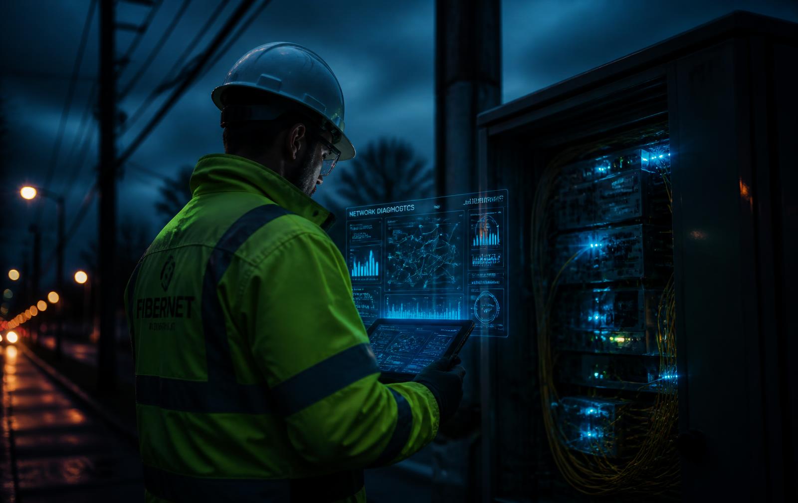 Field technician reviewing live fiber network diagnostics at a street cabinet